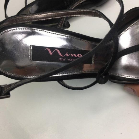 Nina Black/Silver Satin Jewel Heel Peep-Toe Pumps - Picture 4 of 12